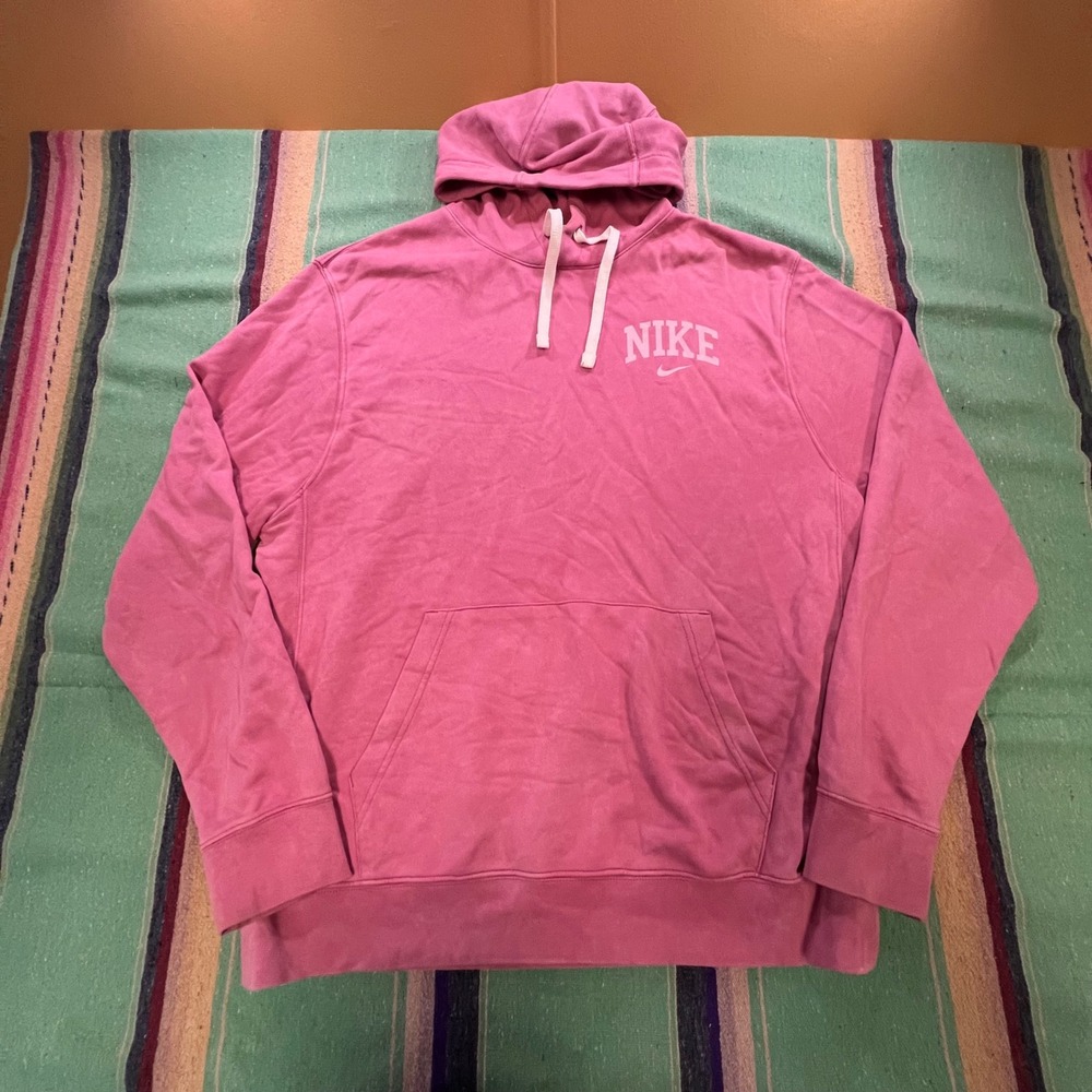 Nike Hoodie Mens Large Pink Spellout Logo Pullover Fleece Sweatshirt RN56323